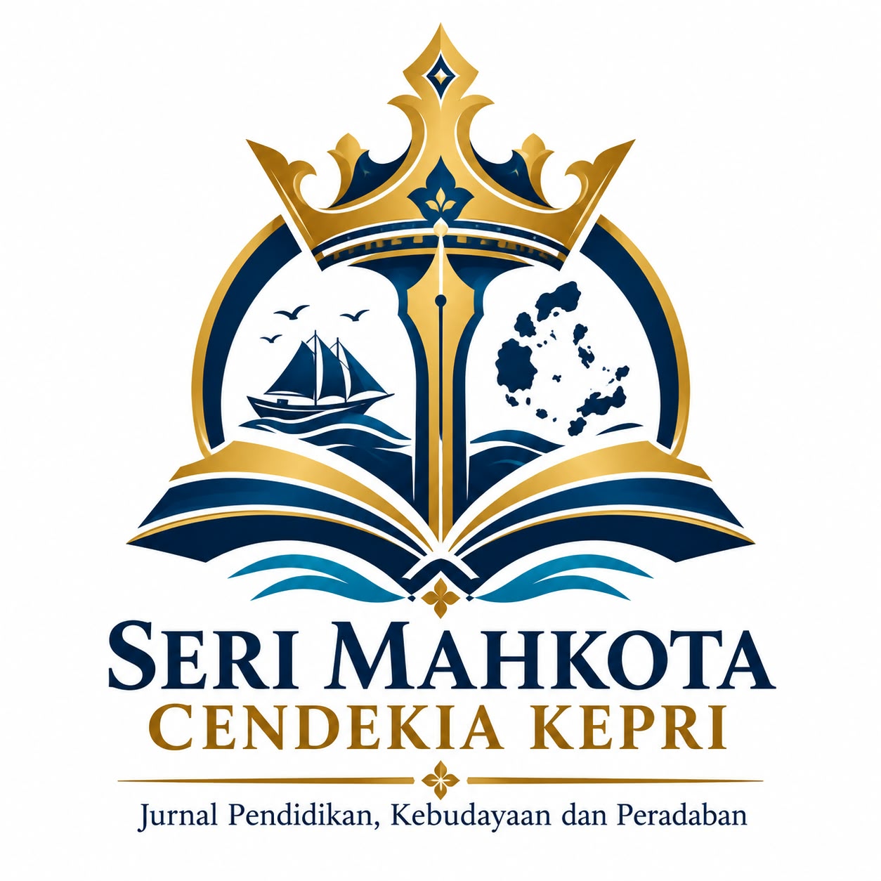 Lambang Seri Mahkota Cendekia Kepri: mahkota emas, pena, buku, perahu dan kepulauan
